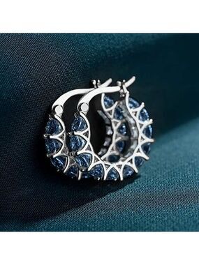 Huggie Hoop MAJOR BLING Earrings #1422 silver tone blue stone